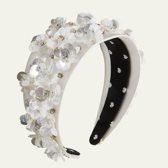 Lele Sadoughi Headband Brigitte Paillette Floral Crystal Wide Dove White NEW main image 2